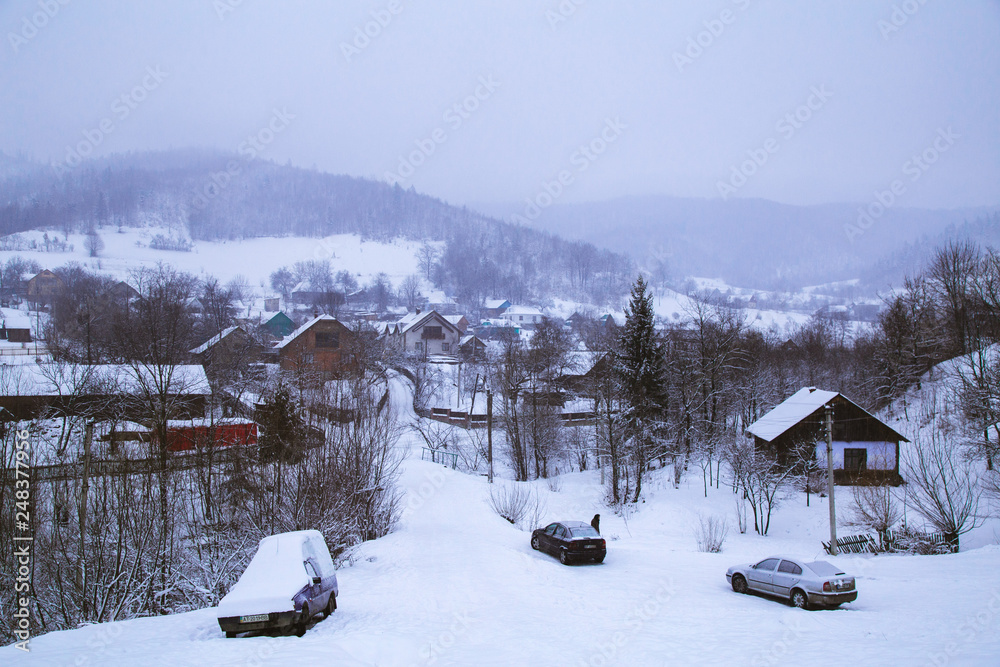 Winter mountain landscape in the Carpathian centr Yaremche