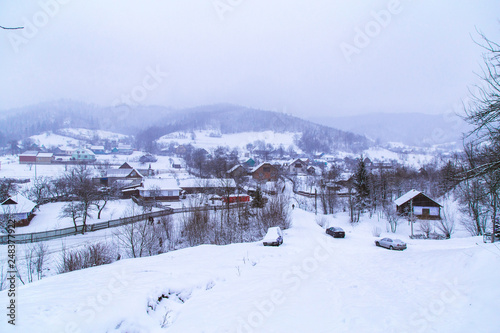 Winter mountain landscape in the Carpathian centr Yaremche