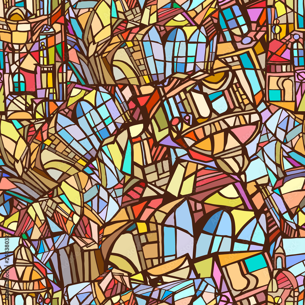 Vector seamless pattern with sketch elements of abstract fantasy Gothic city. Background with decorative Gothic roofs, windows and towers. Stained glass texture. Hand drawn.