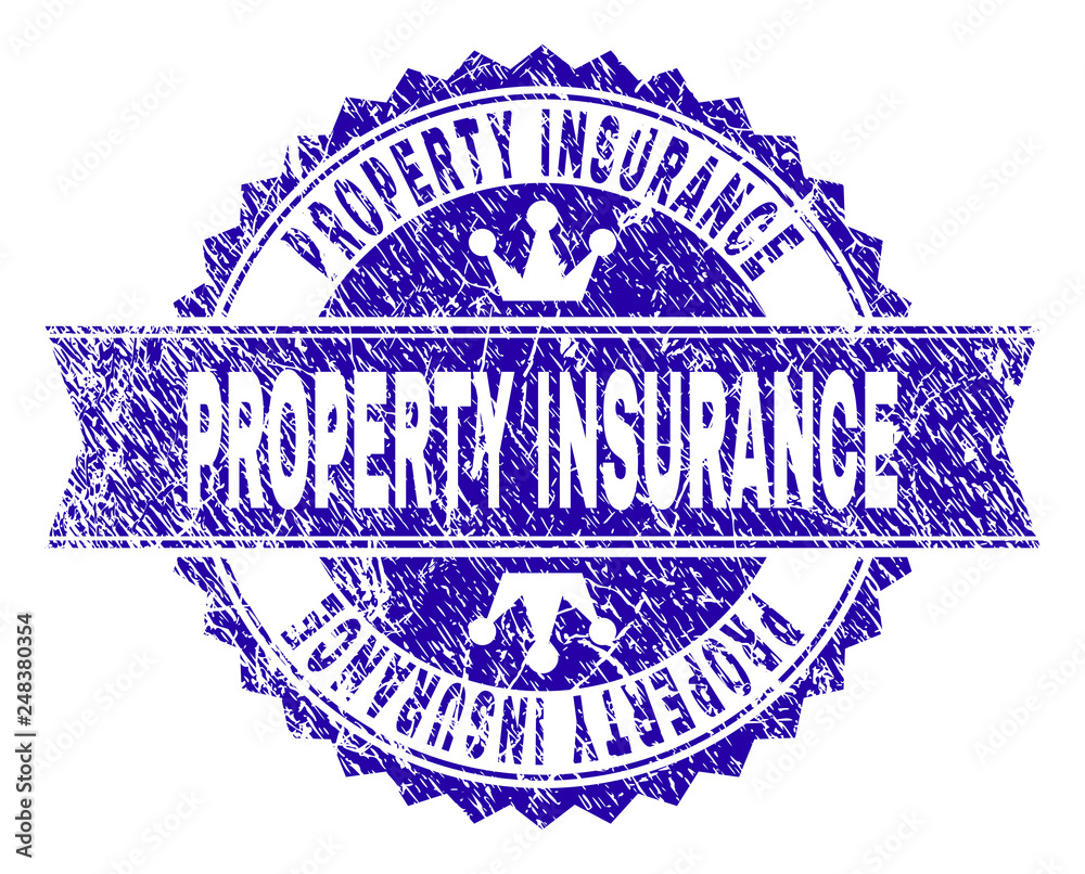 Obraz premium PROPERTY INSURANCE rosette stamp seal watermark with grunge style. Designed with round rosette, ribbon and small crowns. Blue vector rubber watermark of PROPERTY INSURANCE title with corroded style.