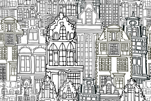 Abstract black and white vector seamless pattern with Dutch fictional vintage houses. Hand drawn.