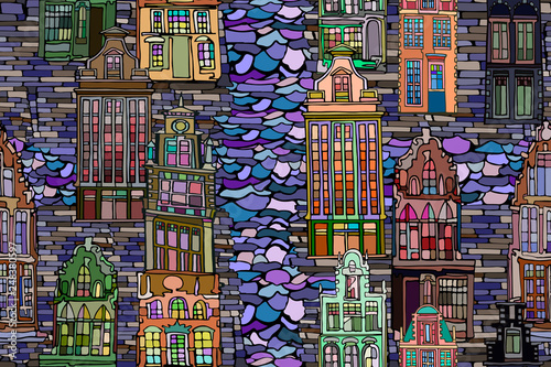 Abstract vector seamless pattern with Dutch fictional vintage houses and canals. Hand drawn stained glass texture.