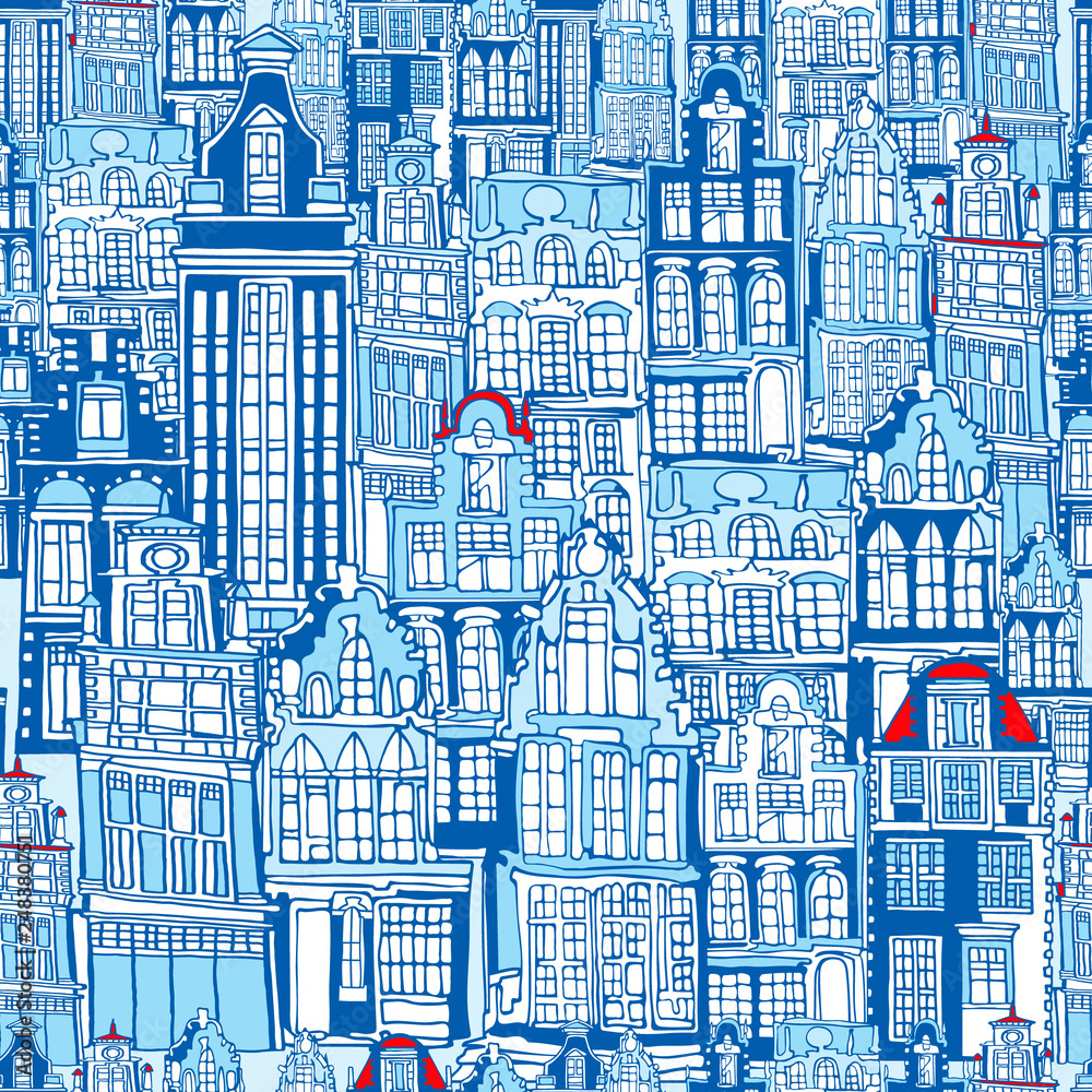 Fototapeta Abstract vector seamless pattern with Dutch fictional vintage houses in traditional blue colors. Hand drawn.