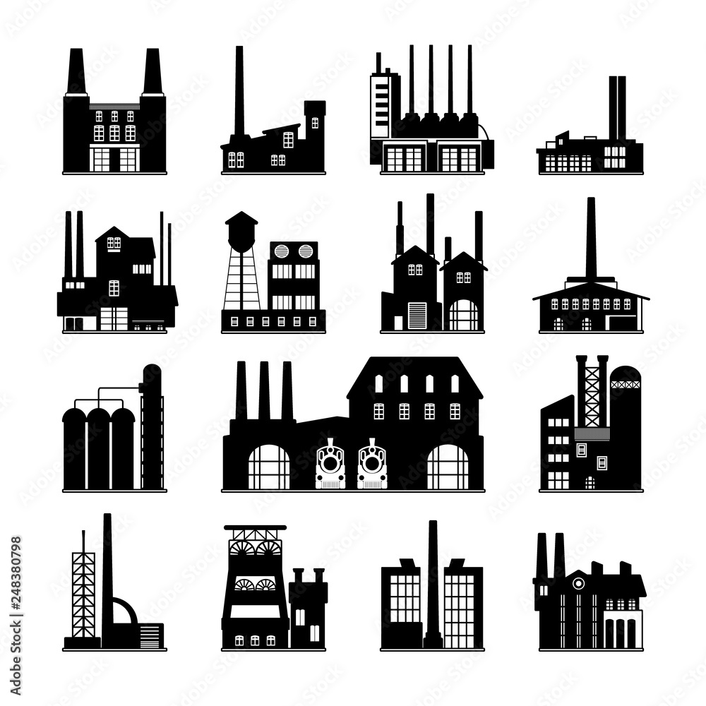 Set of abstract old factory icons featuring traditional old time industry buildings of metal and machine works.  