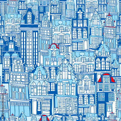 Abstract vector seamless pattern with Dutch fictional vintage houses in traditional blue colors. Hand drawn.