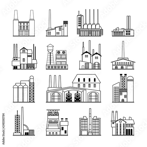 Set of abstract old factory icons featuring traditional old time industry buildings of metal and machine works. 