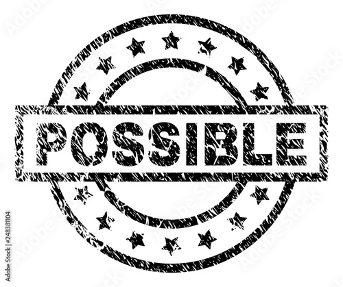 POSSIBLE stamp seal watermark with distress style. Designed with rectangle, circles and stars. Black vector rubber print of POSSIBLE tag with unclean texture.