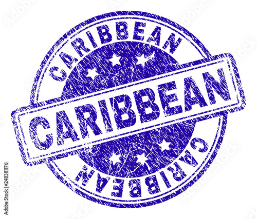 CARIBBEAN stamp seal watermark with grunge texture. Designed with rounded rectangles and circles. Blue vector rubber print of CARIBBEAN caption with dirty texture.