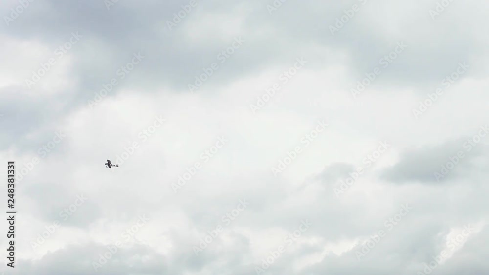 Little speck of Biplane flying high in sky on background of thick white clouds Little speck of Biplane flying high in sky on background of thick white clouds