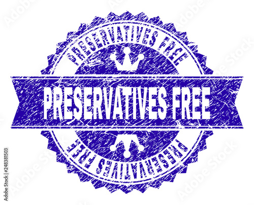 PRESERVATIVES FREE rosette seal watermark with distress texture. Designed with round rosette, ribbon and small crowns. Blue vector rubber watermark of PRESERVATIVES FREE text with dust texture.