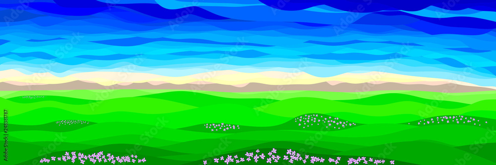 Spring Landscape. Green Hills with Lavender Flowers and Blue Sky. Poster in a Flat Style. Raster Illustration