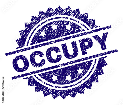 OCCUPY stamp seal watermark with distress style. Blue vector rubber print of OCCUPY tag with dust texture.