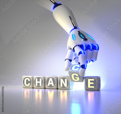 cyborg robot hand changes text cube - ai concept photo