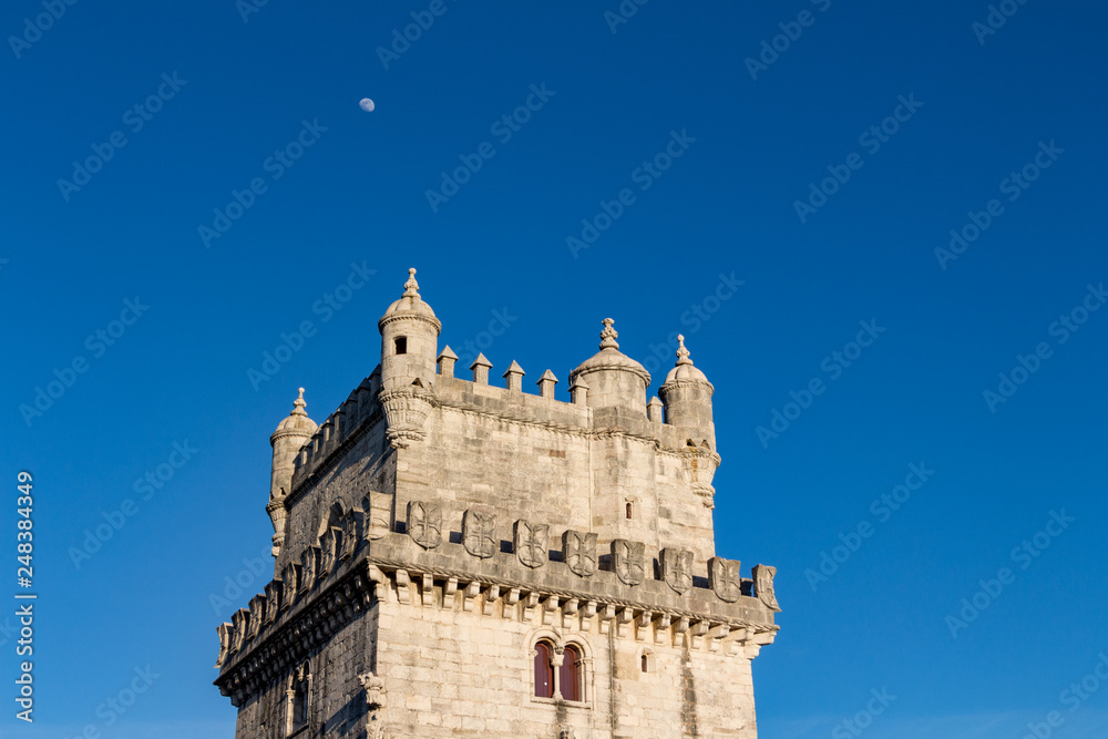 Belem Tower (Torre de Belem) on the banks of the river Tagus (Tejo), one of the attractions of Lisbon, Portugal.