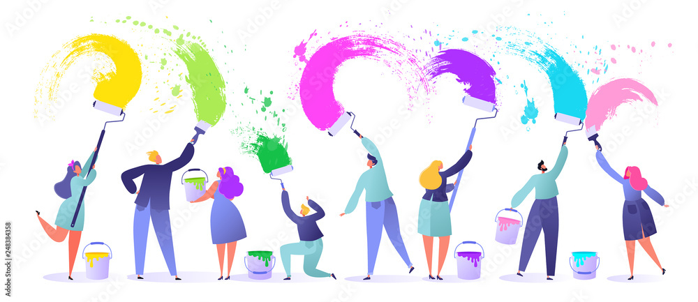 Little, flat, people characters paints with brushes and paint rollers big white wall, They use bright colors, make bold expressive brushstrokes.  Flat, cartoon, trendy, vector illustration.