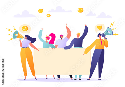 Flat people holding in hands empty banners. Two characters announce with Megaphone. Happy flat people characters with advertising, blank, billboards, presentation, announcement.