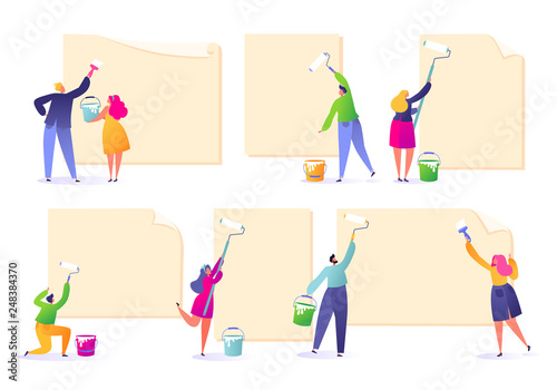 Set of male and female characters holding paint rollers and glue ads. Happy flat people characters with advertising, blank, billboards, presentation, announcement. Flat, cartoon, trendy illustration.