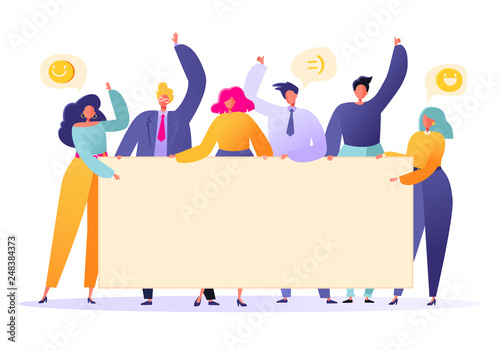 Business team holding in hands empty banners. Happy flat people characters with advertising, blank, billboards, presentation, announcement. Flat, cartoon, trendy, vector illustration.