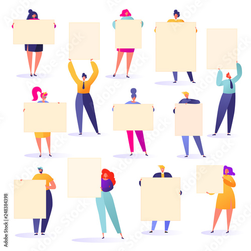 Flat people holding in hands empty banners. Happy flat people characters with advertising, blank, billboards, presentation, announcement. Flat, cartoon, trendy, vector illustration.