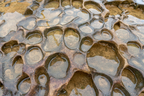 Honeycomb Weathering rock at Yehliu Geopark in Taiwan. Honeycombed rocks refer to the rocks that are covered with holes of different sizes and appear like the honeycombs as a result.