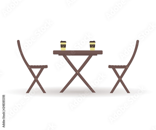 Concept of coffee time: wooden garden furniture or a set of furniture for the balcony: folding table with cardboard pistachio coffee Cups and chairs isolated on a white background. Vector illustration