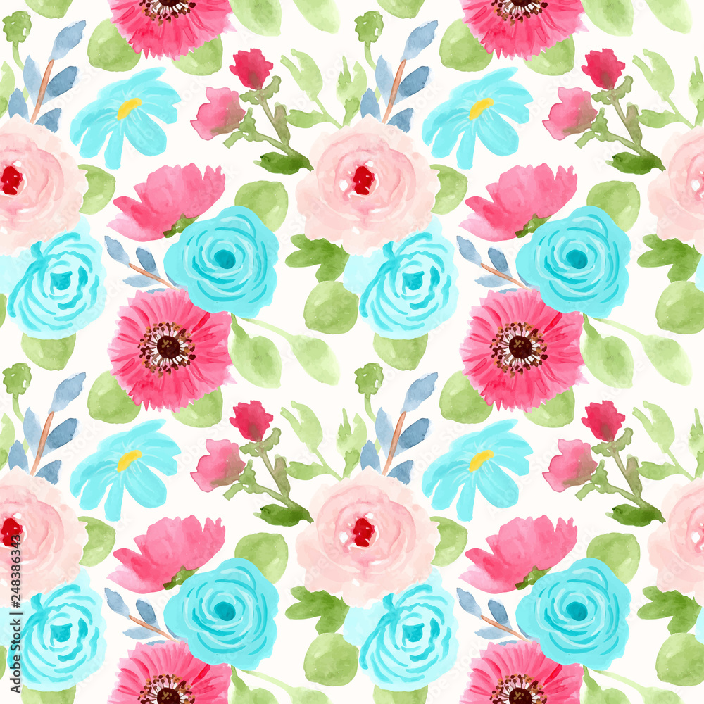 blue pink flower watercolor seamless pattern