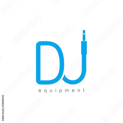 Isolated monogram Dj logo template. Blue wire cable audio jack music logotype. Musical icon on white background