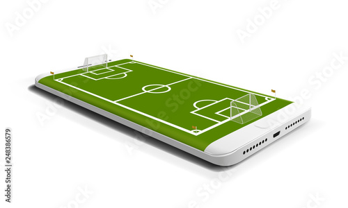 Mobile football soccer. Mobile sport play match. Online soccer game with live mobile app. Football field on the smartphone screen. Online ticket sales concept.