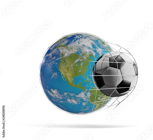 Fototapeta Naklejka Na Ścianę i Meble -  earth globe soccer ball goal 3d-illustration. elements of this image furnished by NASA