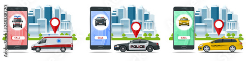 Taxi, ambulance and police car in flat style on white background. Call services city. Vector illustration.