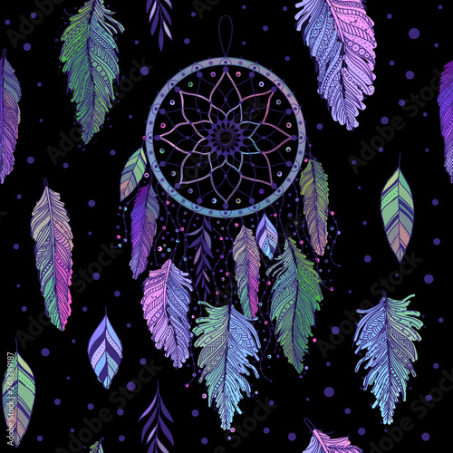 Dreamcatcher with colorful feathers seamless pattern. Ethnic tribal gypsy art with native American Indian boho design, mystery symbol. Vector background.