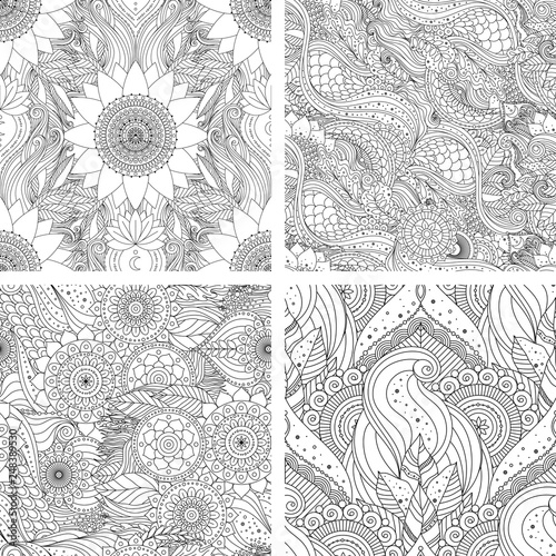 Set of tribal vintage floral ethnic seamless patterns with mandalas. Black and white oriental Asian Indian boho design. Vector background., countour outline art for coloring book, fabric, textile.