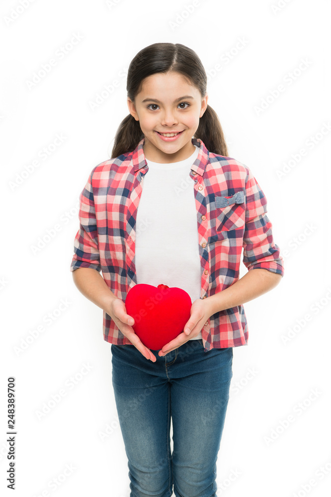 Greeting from sincere heart. Girl cute child hold heart symbol love. Celebrate valentines day. Love and romantic feelings concept. Red heart attribute of valentine. Heart gift or present. Me to you Greeting from sincere heart. Girl cute child hold heart symbol love. Celebrate valentines day. Love and romantic feelings concept. Red heart attribute of valentine. Heart gift or present. Me to you