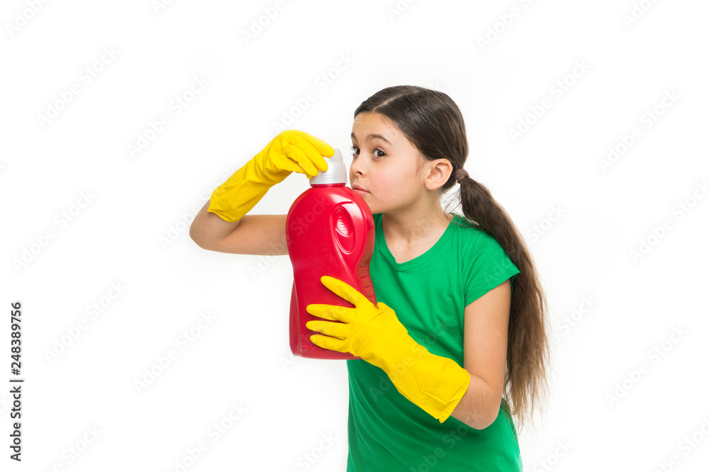 Check smell. Girl in rubber gloves for cleaning hold big plastic bottle chemical soap liquid white background. Use professional product for cleaning. Useful product housekeeping. Cleaning supplies Check smell. Girl in rubber gloves for cleaning hold big plastic bottle chemical soap liquid white background. Use professional product for cleaning. Useful product housekeeping. Cleaning supplies