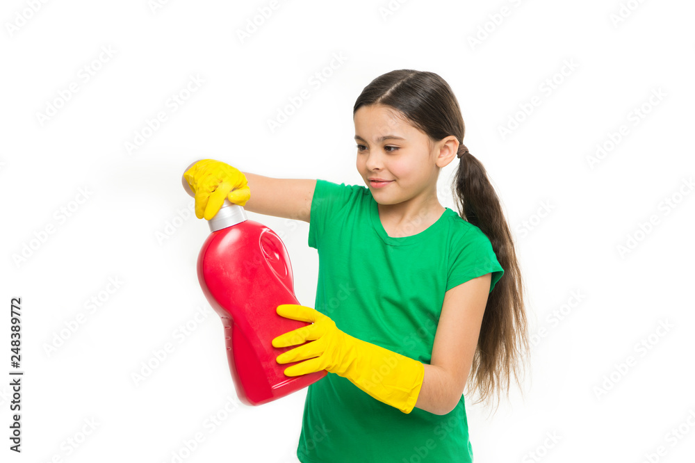 Girl in rubber gloves for cleaning hold big plastic bottle chemical soap liquid white background. Use professional product for cleaning. Useful product housekeeping. Cleaning supplies. Check smell Girl in rubber gloves for cleaning hold big plastic bottle chemical soap liquid white background. Use professional product for cleaning. Useful product housekeeping. Cleaning supplies. Check smell