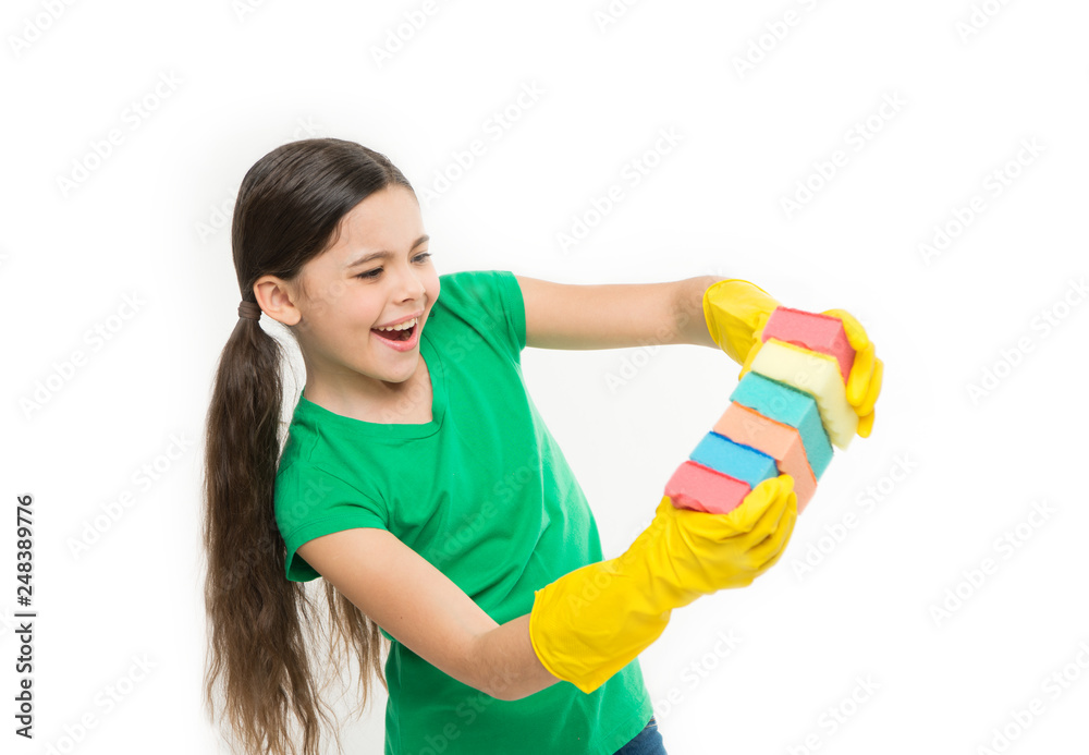 A minimum effort on cleaning the house. Small housekeeper holding dish sponges in rubber gloves. Cleaning and washing up. Small housemaid ready for household help. Cute kitchen maid. Household duties A minimum effort on cleaning the house. Small housekeeper holding dish sponges in rubber gloves. Cleaning and washing up. Small housemaid ready for household help. Cute kitchen maid. Household duties