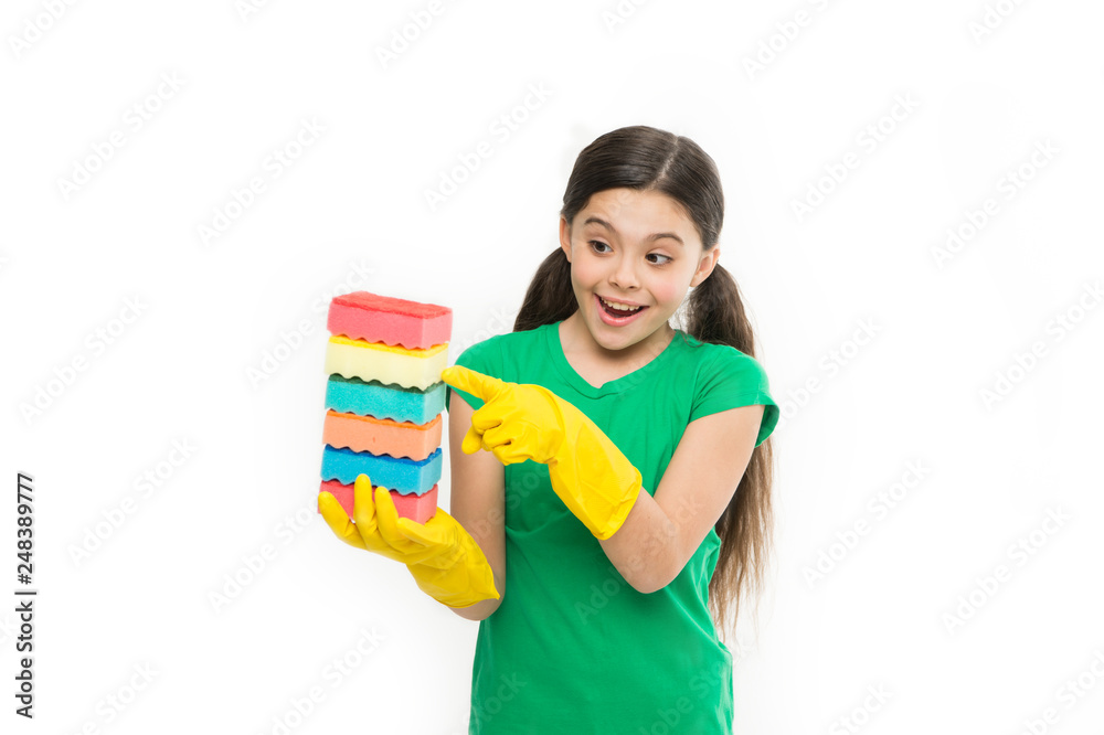 Great for washing dishes. Household duties. Small housekeeper holding dish sponges in rubber gloves. Little housemaid ready for household help. Adorable kitchen maid. Cleaning and washing up Great for washing dishes. Household duties. Small housekeeper holding dish sponges in rubber gloves. Little housemaid ready for household help. Adorable kitchen maid. Cleaning and washing up