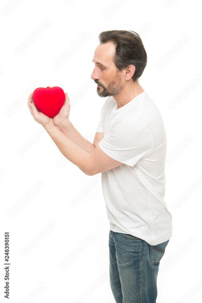 Celebrate valentines day. Love and romantic feelings concept. Heart attribute of valentine. Heart gift present. Greeting from sincere heart. Man bearded hipster hold heart. Romantic guy fall in love Celebrate valentines day. Love and romantic feelings concept. Heart attribute of valentine. Heart gift present. Greeting from sincere heart. Man bearded hipster hold heart. Romantic guy fall in love