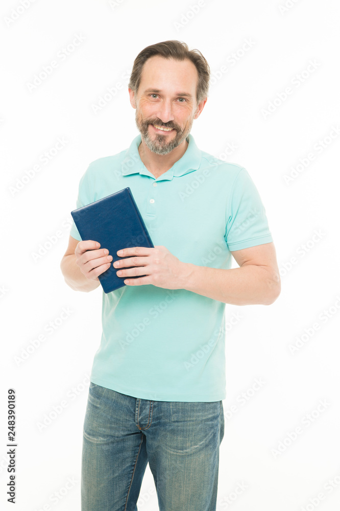 Self education. Home education and self improvement. Education for adult. Never too late to study. Man bearded hold book white background. Reading as hobby. More knowledge. Useful information Self education. Home education and self improvement. Education for adult. Never too late to study. Man bearded hold book white background. Reading as hobby. More knowledge. Useful information