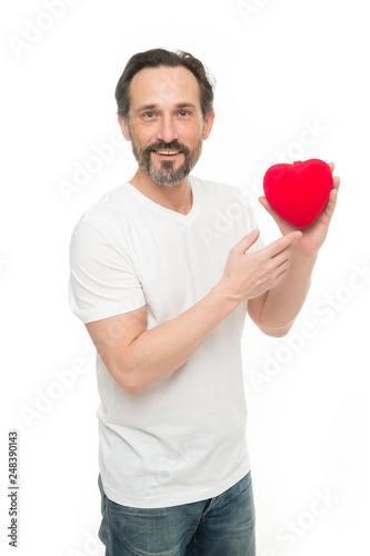 Man bearded hipster hold heart. Celebrate valentines day. Love and romantic feelings concept. Fall in love. Me to you. Heart attribute of valentine. Heart gift or present. Greeting from sincere heart © be free