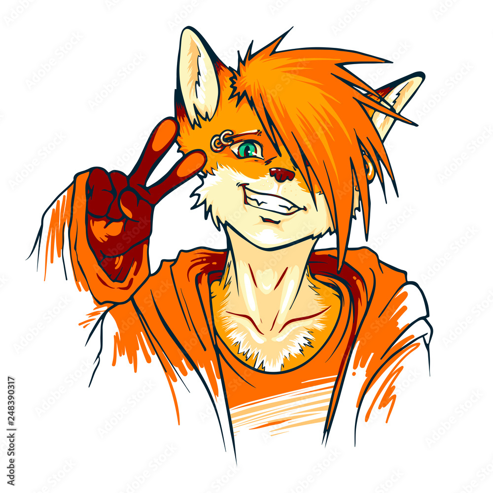 Young fluffy Fox gesture shows victory. Fox furry art illustration