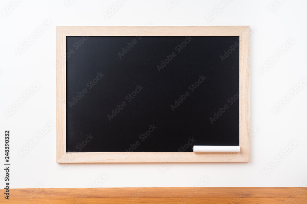 blackboard on white background with teak floor