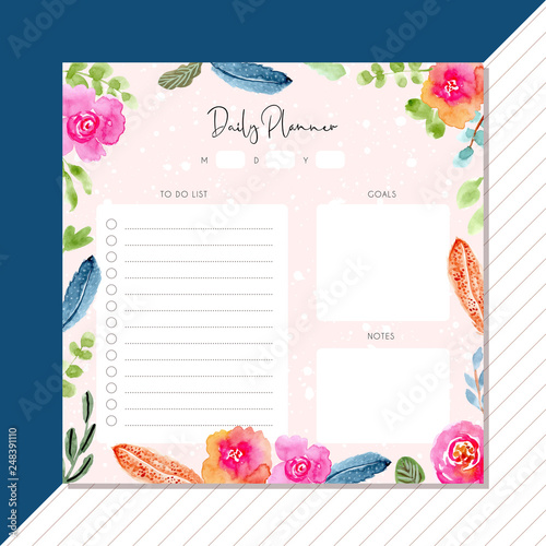 daily planner with watercolor feather and floral frame