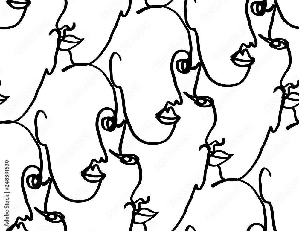 Faces, modern, seamless pattern in line drawing, black and white