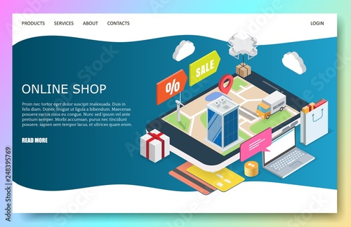 Online shop vector website landing page design template