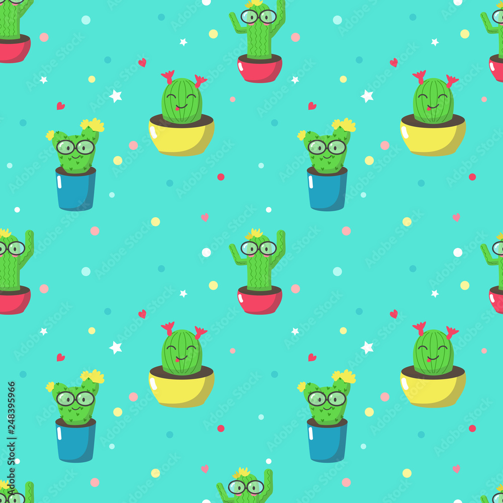 Vector seamless pattern with cute cartoon cactuses Vector seamless pattern with cute cartoon cactuses