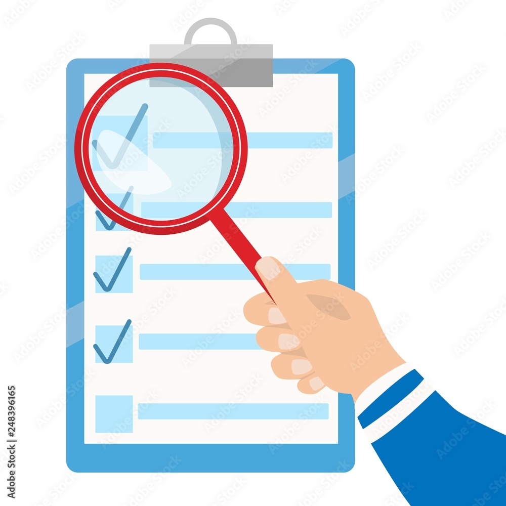Vector business contract and magnifier. Checklist flat icon. Analyzing document. Vector business contract and magnifier. Checklist flat icon. Analyzing document.