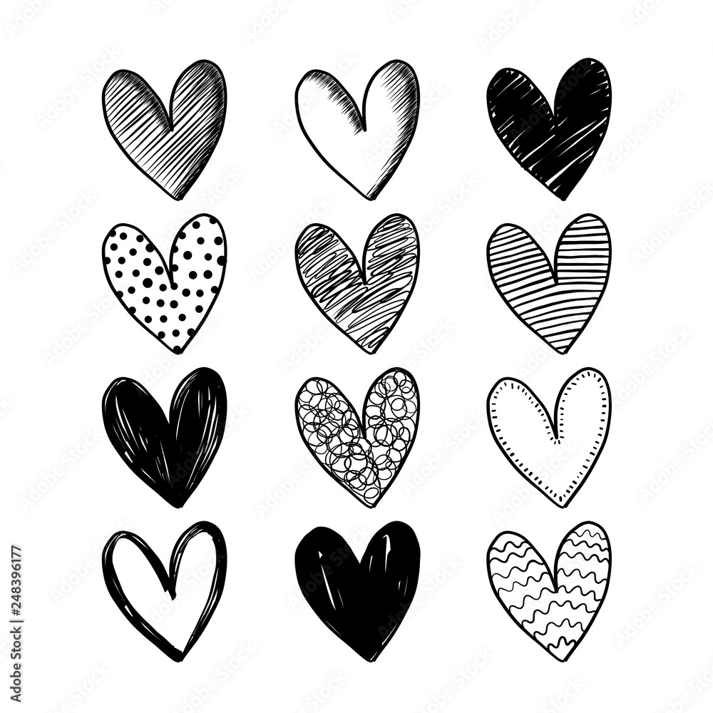 Set of hand drawn style heart. Icon design for valentines and wedding. Illustration isolated on white background. Set of hand drawn style heart. Icon design for valentines and wedding. Illustration isolated on white background.