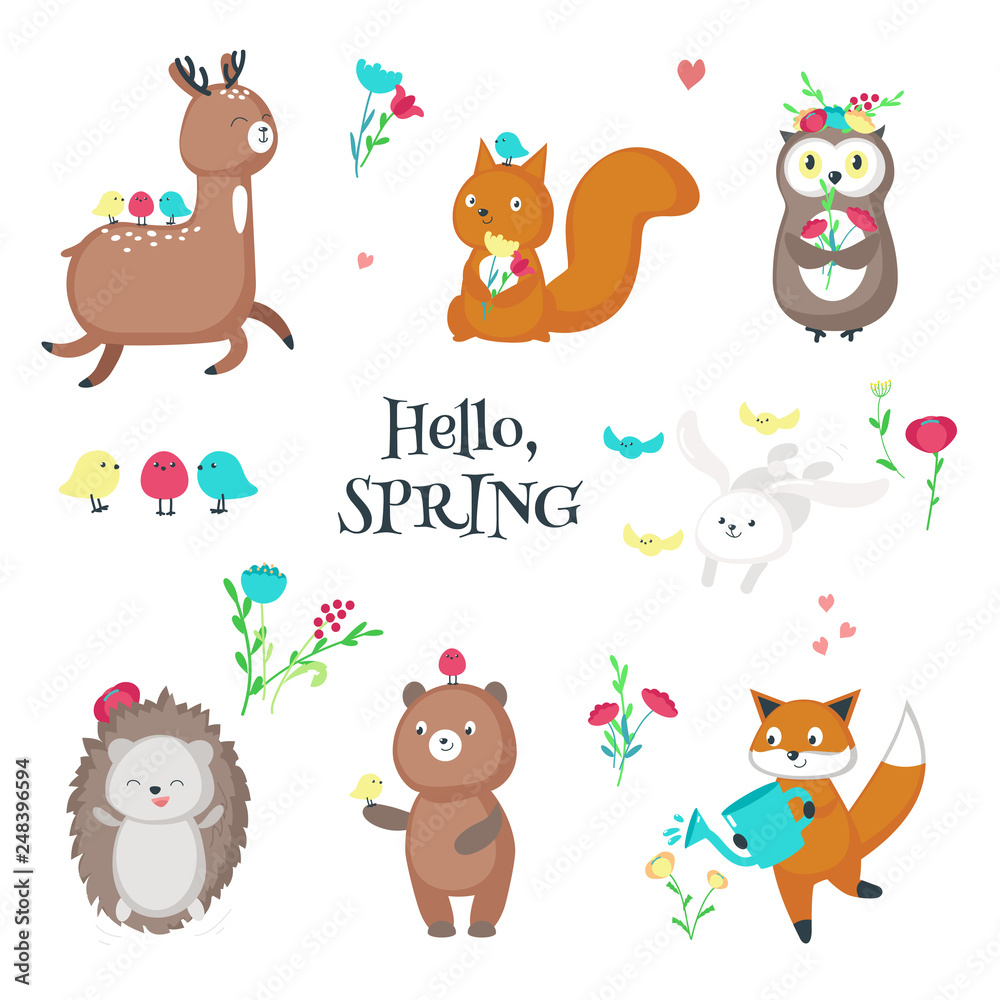 Cute funny spring animals vector isolated illustration