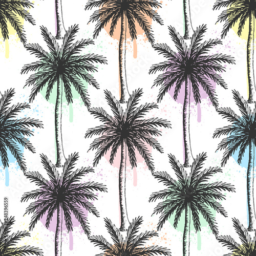 Hand drawn palm trees seamless pattern with colorful paint splatters.